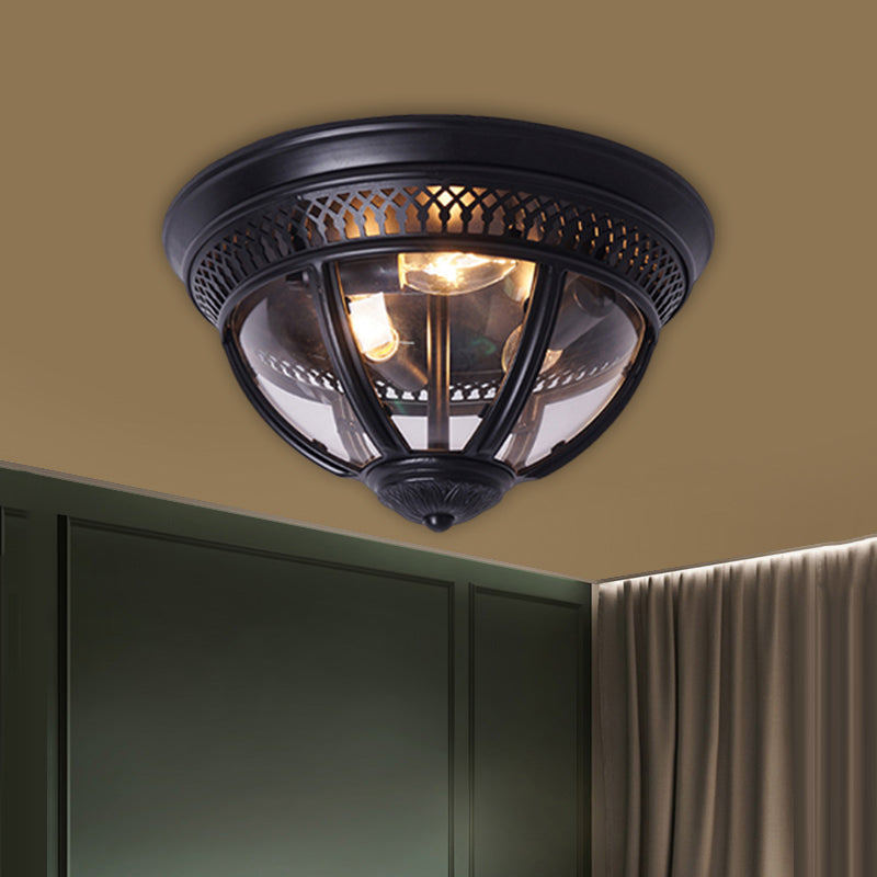 Antiqued Domed Semi Flush Lamp 1-Light Clear Glass Flush Mount Lighting with Pierced Trim Design in Brass/Brown Clearhalo 'Ceiling Lights' 'Close To Ceiling Lights' 'Close to ceiling' 'Flush mount' Lighting' 1616987