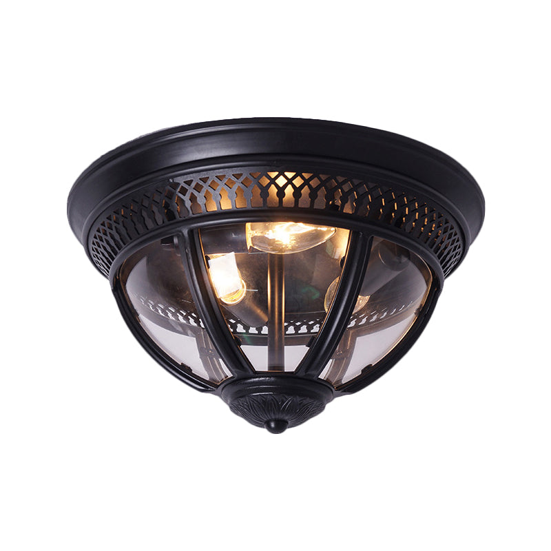 Antiqued Domed Semi Flush Lamp 1-Light Clear Glass Flush Mount Lighting with Pierced Trim Design in Brass/Brown Clearhalo 'Ceiling Lights' 'Close To Ceiling Lights' 'Close to ceiling' 'Flush mount' Lighting' 1616988