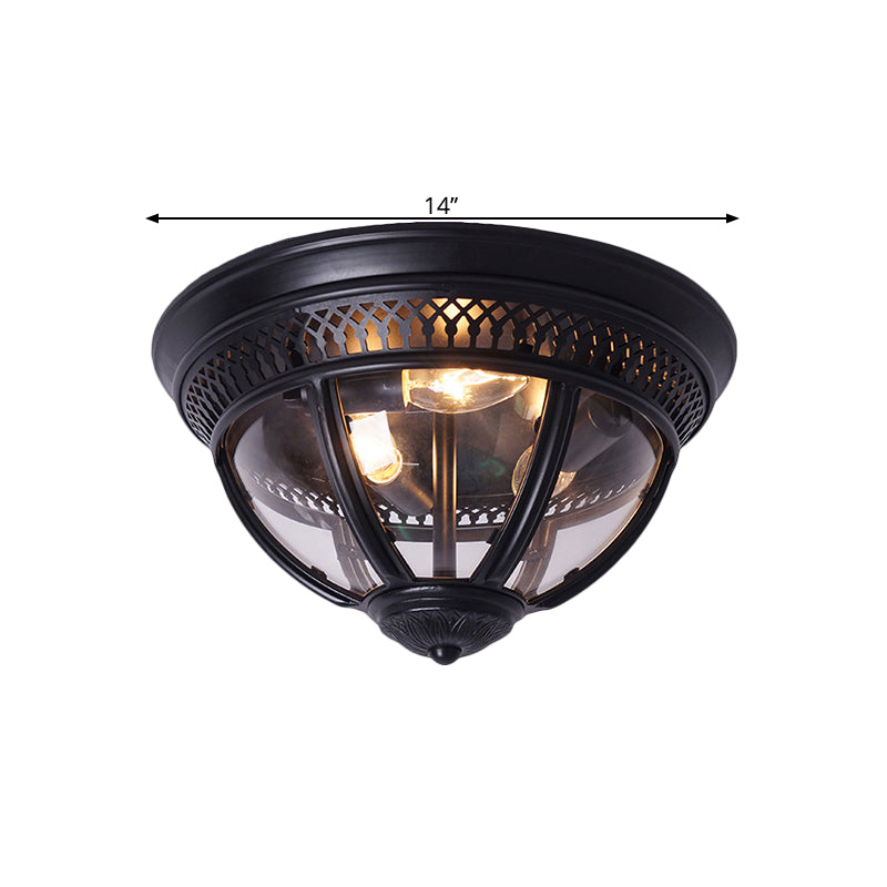 Antiqued Domed Semi Flush Lamp 1-Light Clear Glass Flush Mount Lighting with Pierced Trim Design in Brass/Brown Clearhalo 'Ceiling Lights' 'Close To Ceiling Lights' 'Close to ceiling' 'Flush mount' Lighting' 1616989