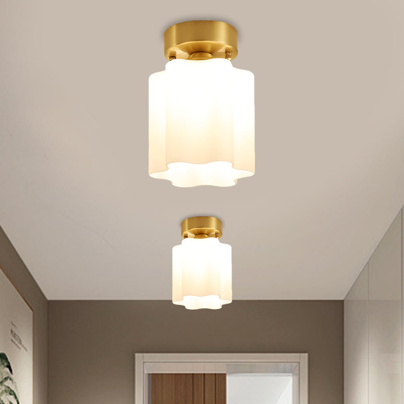 White Glass Brass Flush Lamp Scalloped/Shell/Trapezoid 1 Light Cottage Ceiling Mounted Lighting for Stairway Brass A Clearhalo 'Ceiling Lights' 'Close To Ceiling Lights' 'Close to ceiling' 'Flush mount' Lighting' 1616990