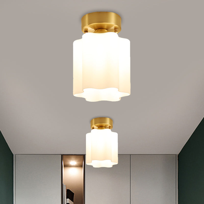 White Glass Brass Flush Lamp Scalloped/Shell/Trapezoid 1 Light Cottage Ceiling Mounted Lighting for Stairway Clearhalo 'Ceiling Lights' 'Close To Ceiling Lights' 'Close to ceiling' 'Flush mount' Lighting' 1616991