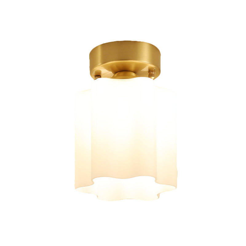 White Glass Brass Flush Lamp Scalloped/Shell/Trapezoid 1 Light Cottage Ceiling Mounted Lighting for Stairway Clearhalo 'Ceiling Lights' 'Close To Ceiling Lights' 'Close to ceiling' 'Flush mount' Lighting' 1616992