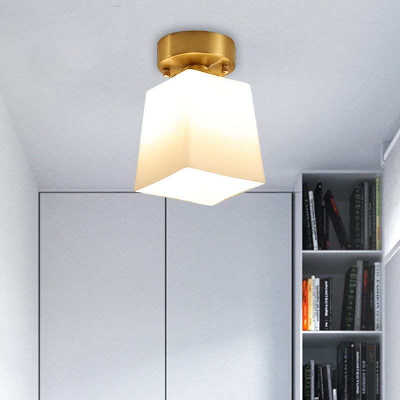 White Glass Brass Flush Lamp Scalloped/Shell/Trapezoid 1 Light Cottage Ceiling Mounted Lighting for Stairway Brass B Clearhalo 'Ceiling Lights' 'Close To Ceiling Lights' 'Close to ceiling' 'Flush mount' Lighting' 1616994