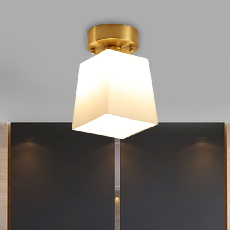 White Glass Brass Flush Lamp Scalloped/Shell/Trapezoid 1 Light Cottage Ceiling Mounted Lighting for Stairway Clearhalo 'Ceiling Lights' 'Close To Ceiling Lights' 'Close to ceiling' 'Flush mount' Lighting' 1616995