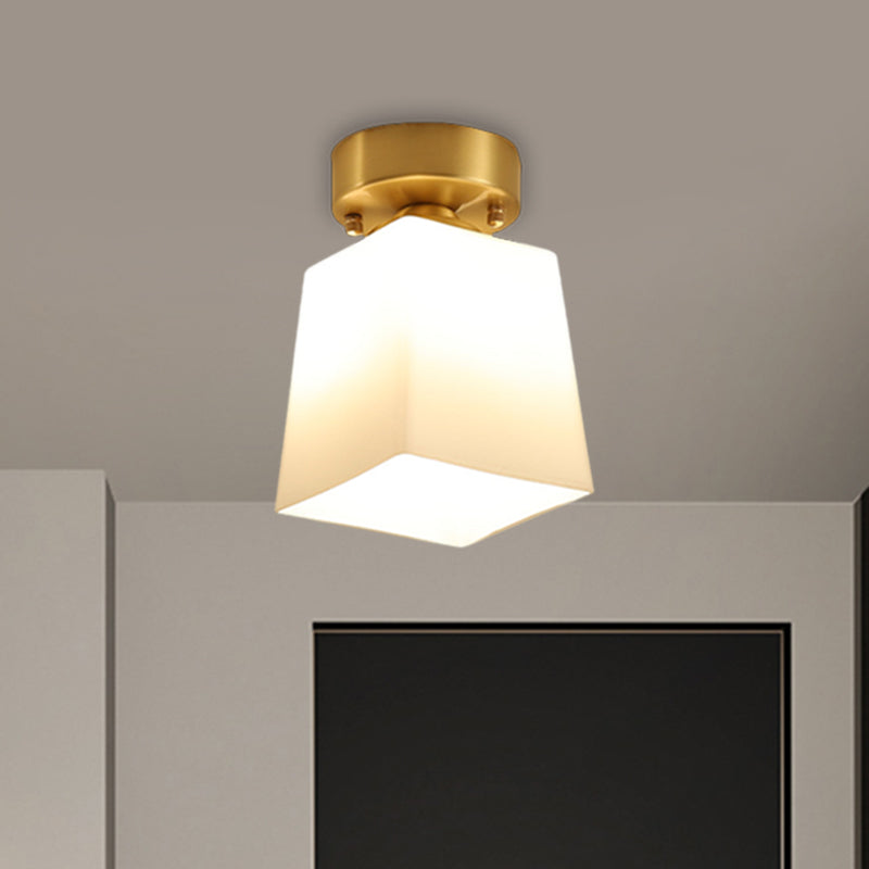 White Glass Brass Flush Lamp Scalloped/Shell/Trapezoid 1 Light Cottage Ceiling Mounted Lighting for Stairway Clearhalo 'Ceiling Lights' 'Close To Ceiling Lights' 'Close to ceiling' 'Flush mount' Lighting' 1616996
