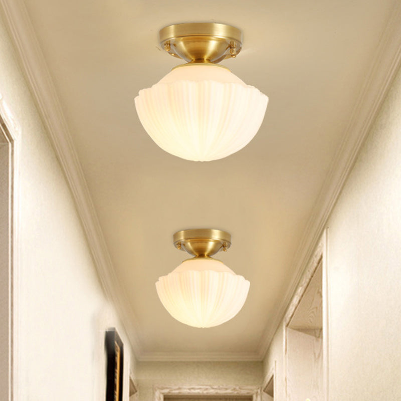 White Glass Brass Flush Lamp Scalloped/Shell/Trapezoid 1 Light Cottage Ceiling Mounted Lighting for Stairway Brass C Clearhalo 'Ceiling Lights' 'Close To Ceiling Lights' 'Close to ceiling' 'Flush mount' Lighting' 1616999