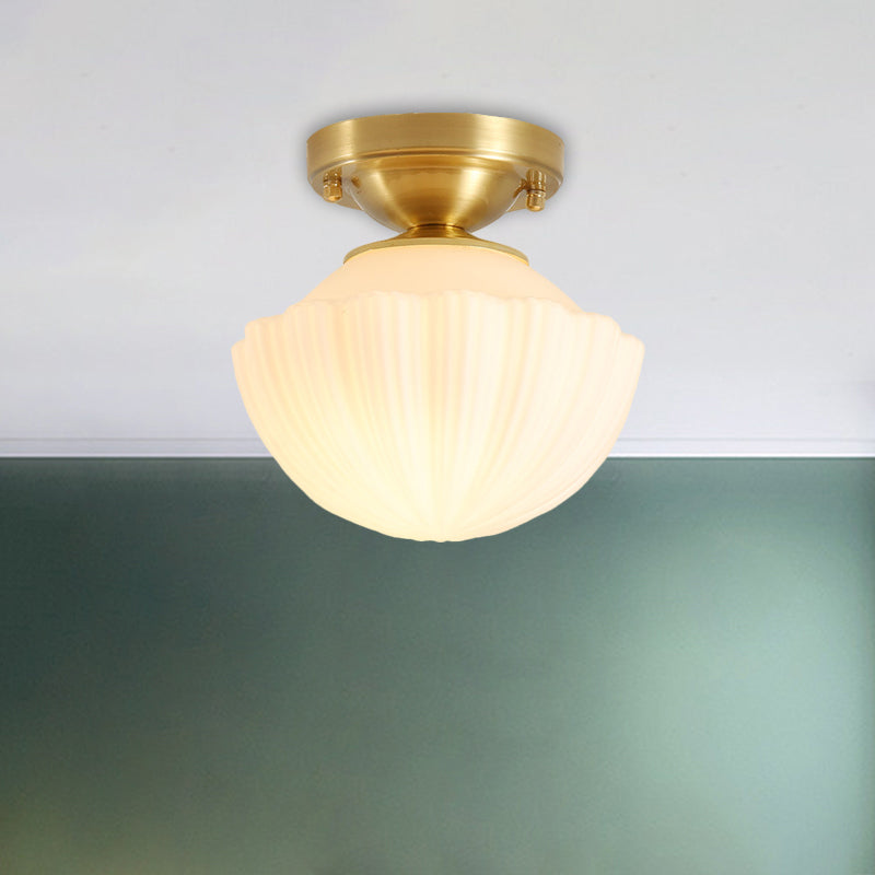 White Glass Brass Flush Lamp Scalloped/Shell/Trapezoid 1 Light Cottage Ceiling Mounted Lighting for Stairway Clearhalo 'Ceiling Lights' 'Close To Ceiling Lights' 'Close to ceiling' 'Flush mount' Lighting' 1617000