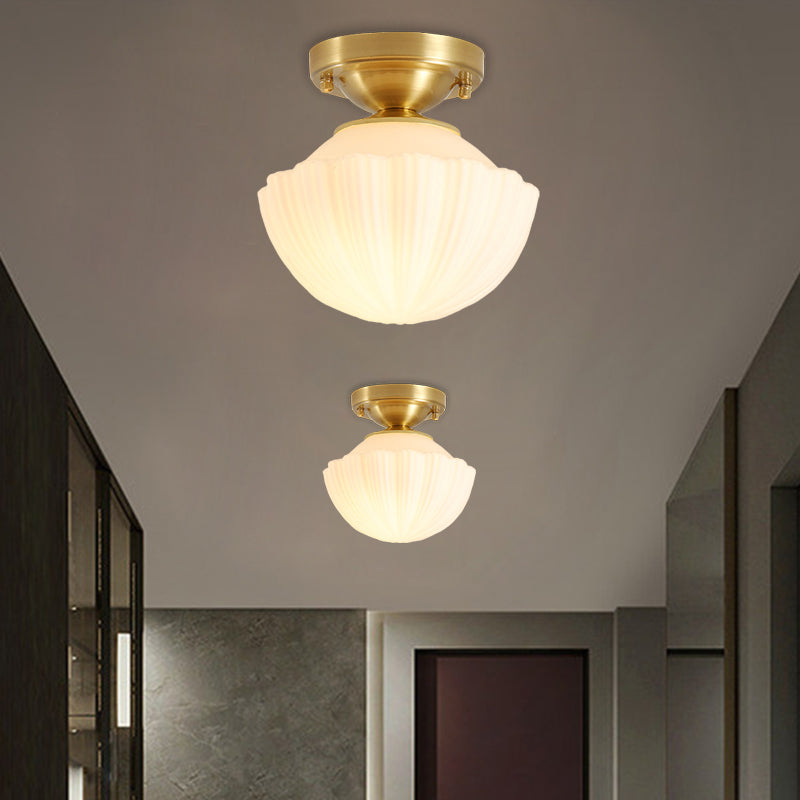 White Glass Brass Flush Lamp Scalloped/Shell/Trapezoid 1 Light Cottage Ceiling Mounted Lighting for Stairway Clearhalo 'Ceiling Lights' 'Close To Ceiling Lights' 'Close to ceiling' 'Flush mount' Lighting' 1617001