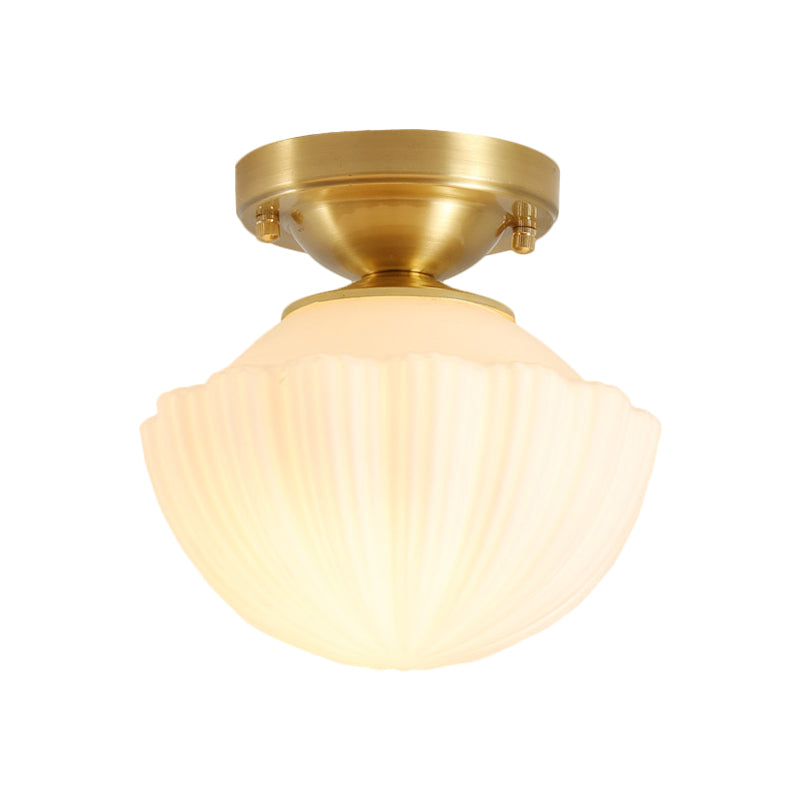 White Glass Brass Flush Lamp Scalloped/Shell/Trapezoid 1 Light Cottage Ceiling Mounted Lighting for Stairway Clearhalo 'Ceiling Lights' 'Close To Ceiling Lights' 'Close to ceiling' 'Flush mount' Lighting' 1617002