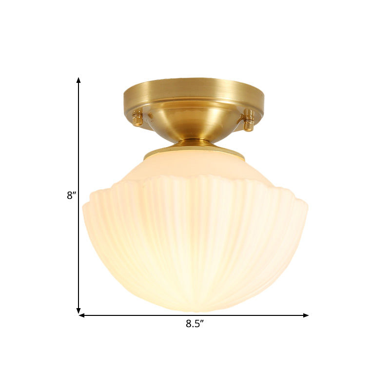 White Glass Brass Flush Lamp Scalloped/Shell/Trapezoid 1 Light Cottage Ceiling Mounted Lighting for Stairway Clearhalo 'Ceiling Lights' 'Close To Ceiling Lights' 'Close to ceiling' 'Flush mount' Lighting' 1617003