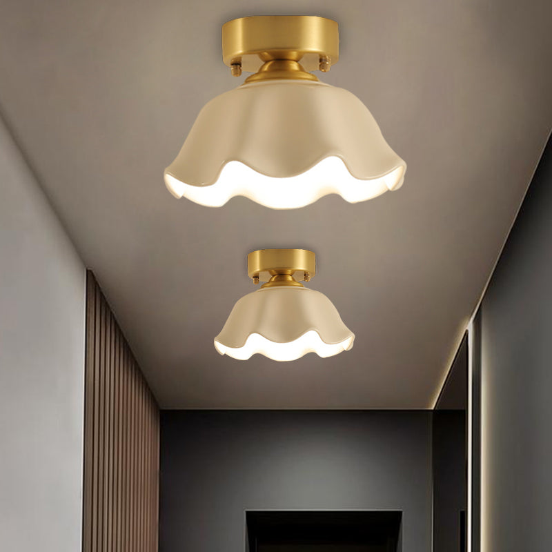 White Glass Brass Flush Lamp Scalloped/Shell/Trapezoid 1 Light Cottage Ceiling Mounted Lighting for Stairway Brass D Clearhalo 'Ceiling Lights' 'Close To Ceiling Lights' 'Close to ceiling' 'Flush mount' Lighting' 1617004