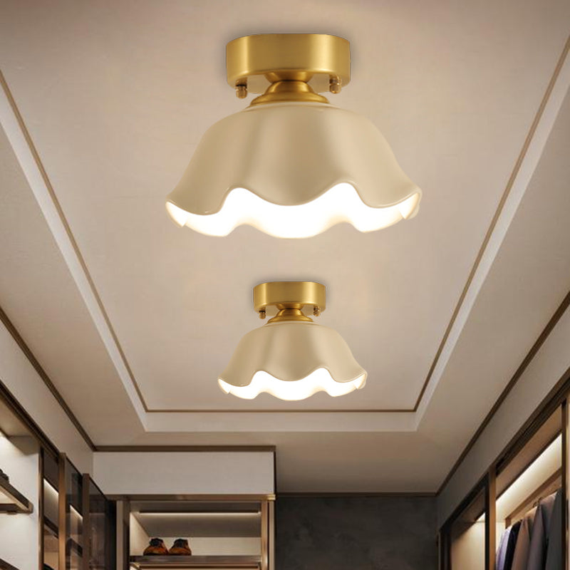 White Glass Brass Flush Lamp Scalloped/Shell/Trapezoid 1 Light Cottage Ceiling Mounted Lighting for Stairway Clearhalo 'Ceiling Lights' 'Close To Ceiling Lights' 'Close to ceiling' 'Flush mount' Lighting' 1617005