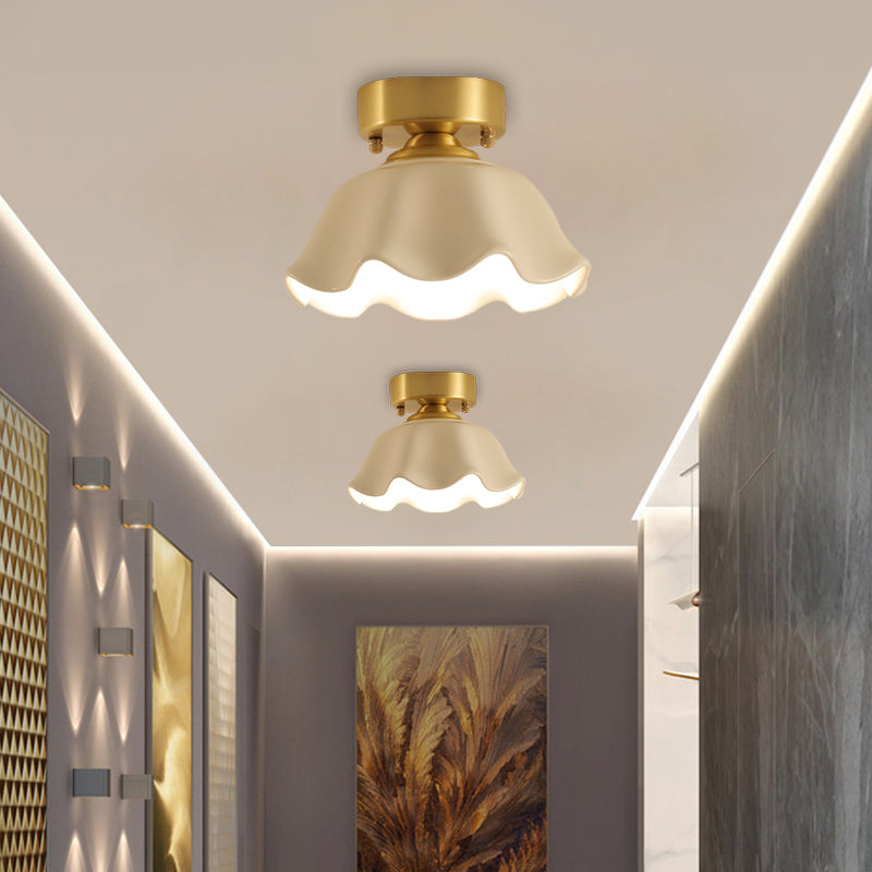 White Glass Brass Flush Lamp Scalloped/Shell/Trapezoid 1 Light Cottage Ceiling Mounted Lighting for Stairway Clearhalo 'Ceiling Lights' 'Close To Ceiling Lights' 'Close to ceiling' 'Flush mount' Lighting' 1617006