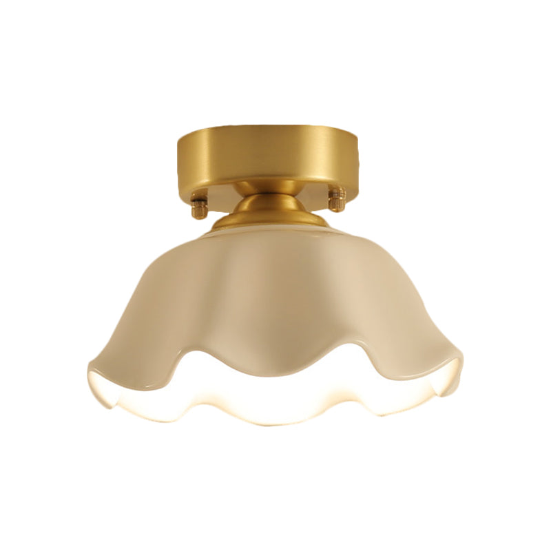 White Glass Brass Flush Lamp Scalloped/Shell/Trapezoid 1 Light Cottage Ceiling Mounted Lighting for Stairway Clearhalo 'Ceiling Lights' 'Close To Ceiling Lights' 'Close to ceiling' 'Flush mount' Lighting' 1617007