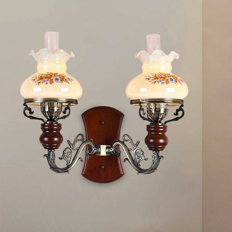 Brass 2 Bulbs Wall Sconce Light Traditional Opal Glass Purse-Like Wall Lighting Idea with Flower Pattern Clearhalo 'Wall Lamps & Sconces' 'Wall Lights' Lighting' 1617023