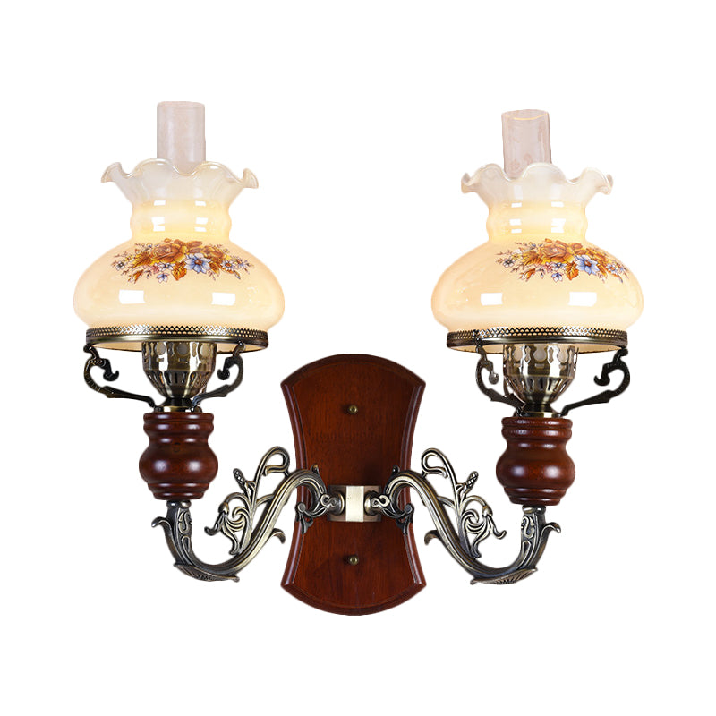 Brass 2 Bulbs Wall Sconce Light Traditional Opal Glass Purse-Like Wall Lighting Idea with Flower Pattern Clearhalo 'Wall Lamps & Sconces' 'Wall Lights' Lighting' 1617024