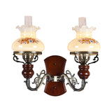 Brass 2 Bulbs Wall Sconce Light Traditional Opal Glass Purse-Like Wall Lighting Idea with Flower Pattern Clearhalo 'Wall Lamps & Sconces' 'Wall Lights' Lighting' 1617024