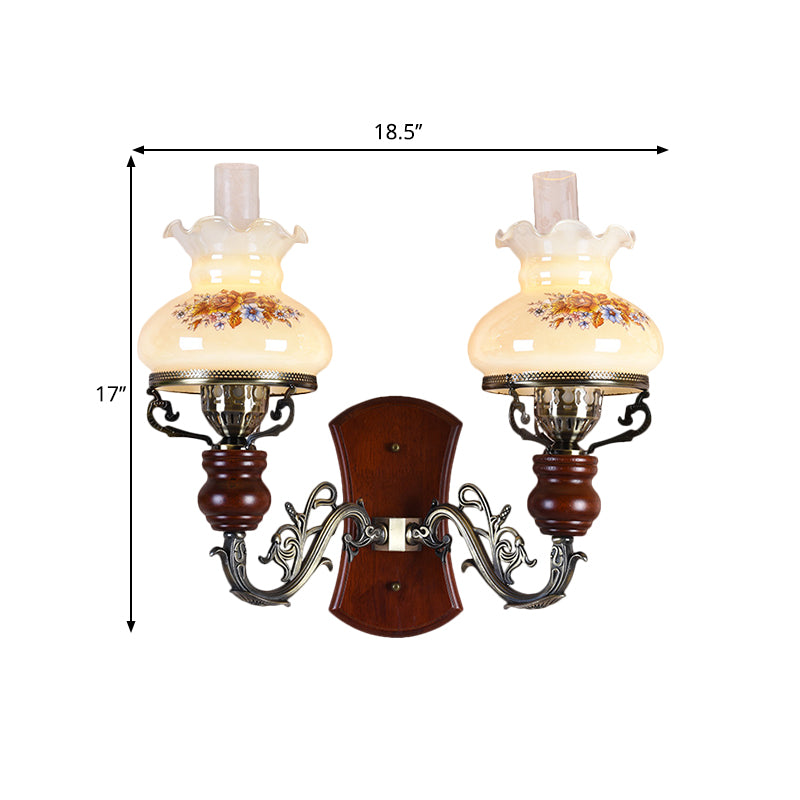 Brass 2 Bulbs Wall Sconce Light Traditional Opal Glass Purse-Like Wall Lighting Idea with Flower Pattern Clearhalo 'Wall Lamps & Sconces' 'Wall Lights' Lighting' 1617025