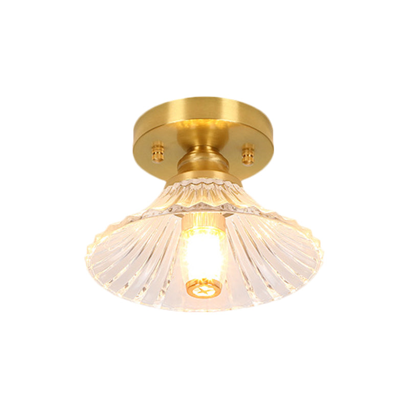 Single Bulb Ceiling Fixture Classic Cone/Lotus Leaf/Floral Clear Fluted/Lattice Glass Flush Mount Lighting in Brass, 7.5"/8"/9" Wide Clearhalo 'Ceiling Lights' 'Close To Ceiling Lights' 'Close to ceiling' 'Flush mount' Lighting' 1617053