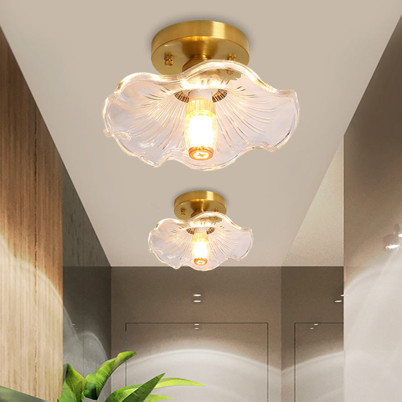 Single Bulb Ceiling Fixture Classic Cone/Lotus Leaf/Floral Clear Fluted/Lattice Glass Flush Mount Lighting in Brass, 7.5"/8"/9" Wide Clearhalo 'Ceiling Lights' 'Close To Ceiling Lights' 'Close to ceiling' 'Flush mount' Lighting' 1617056