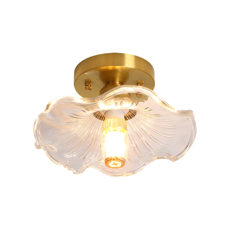 Single Bulb Ceiling Fixture Classic Cone/Lotus Leaf/Floral Clear Fluted/Lattice Glass Flush Mount Lighting in Brass, 7.5"/8"/9" Wide Clearhalo 'Ceiling Lights' 'Close To Ceiling Lights' 'Close to ceiling' 'Flush mount' Lighting' 1617058