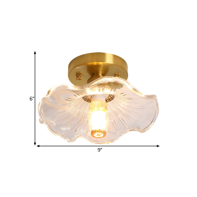 Single Bulb Ceiling Fixture Classic Cone/Lotus Leaf/Floral Clear Fluted/Lattice Glass Flush Mount Lighting in Brass, 7.5"/8"/9" Wide Clearhalo 'Ceiling Lights' 'Close To Ceiling Lights' 'Close to ceiling' 'Flush mount' Lighting' 1617059