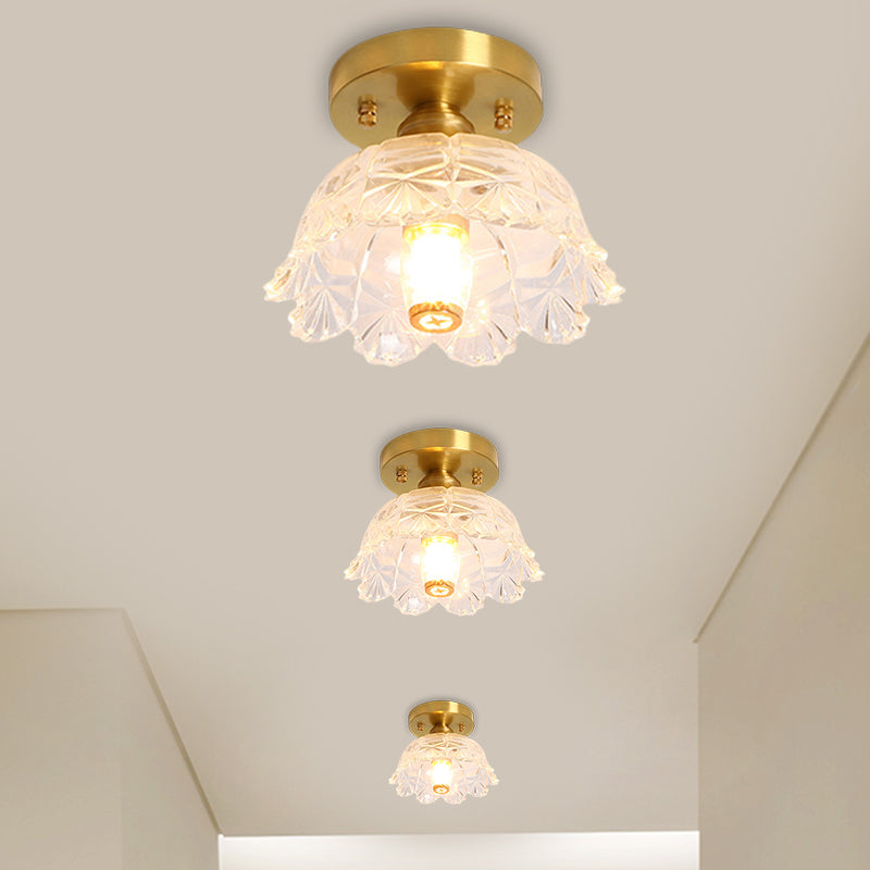 Single Bulb Ceiling Fixture Classic Cone/Lotus Leaf/Floral Clear Fluted/Lattice Glass Flush Mount Lighting in Brass, 7.5"/8"/9" Wide Clearhalo 'Ceiling Lights' 'Close To Ceiling Lights' 'Close to ceiling' 'Flush mount' Lighting' 1617061