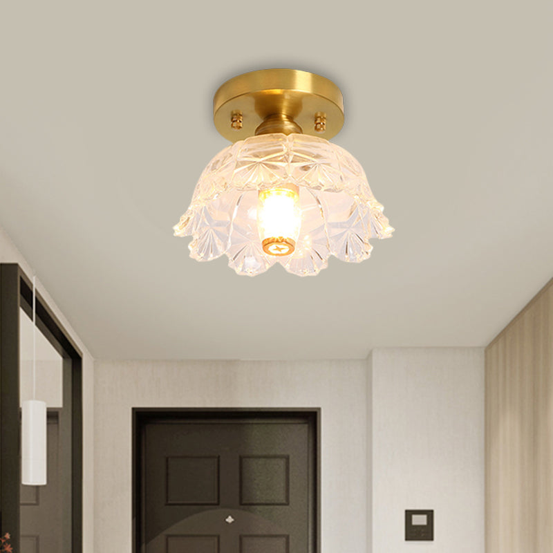 Single Bulb Ceiling Fixture Classic Cone/Lotus Leaf/Floral Clear Fluted/Lattice Glass Flush Mount Lighting in Brass, 7.5"/8"/9" Wide Clearhalo 'Ceiling Lights' 'Close To Ceiling Lights' 'Close to ceiling' 'Flush mount' Lighting' 1617062