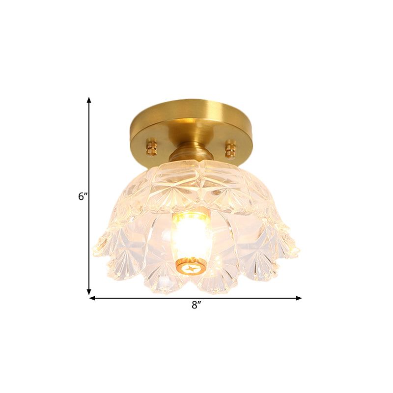 Single Bulb Ceiling Fixture Classic Cone/Lotus Leaf/Floral Clear Fluted/Lattice Glass Flush Mount Lighting in Brass, 7.5"/8"/9" Wide Clearhalo 'Ceiling Lights' 'Close To Ceiling Lights' 'Close to ceiling' 'Flush mount' Lighting' 1617064