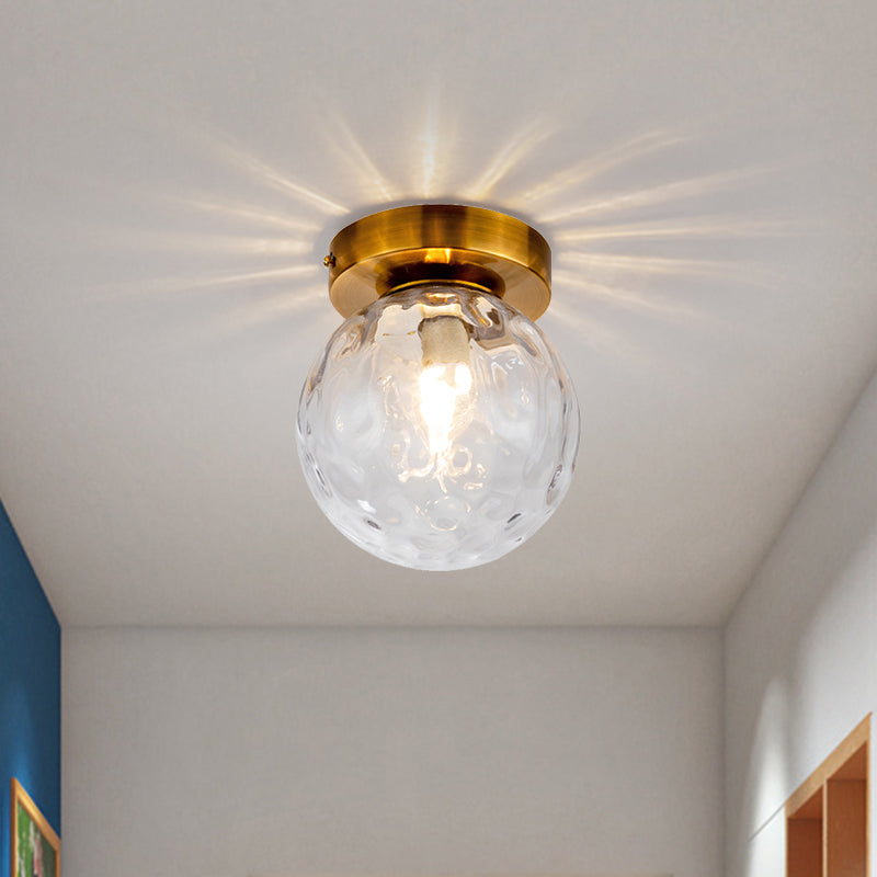 Single Bulb Flush Mount Vintage Modo Clear Dimpled Glass Ceiling Light Fixture in Brass Clearhalo 'Ceiling Lights' 'Close To Ceiling Lights' 'Close to ceiling' 'Flush mount' Lighting' 1617070