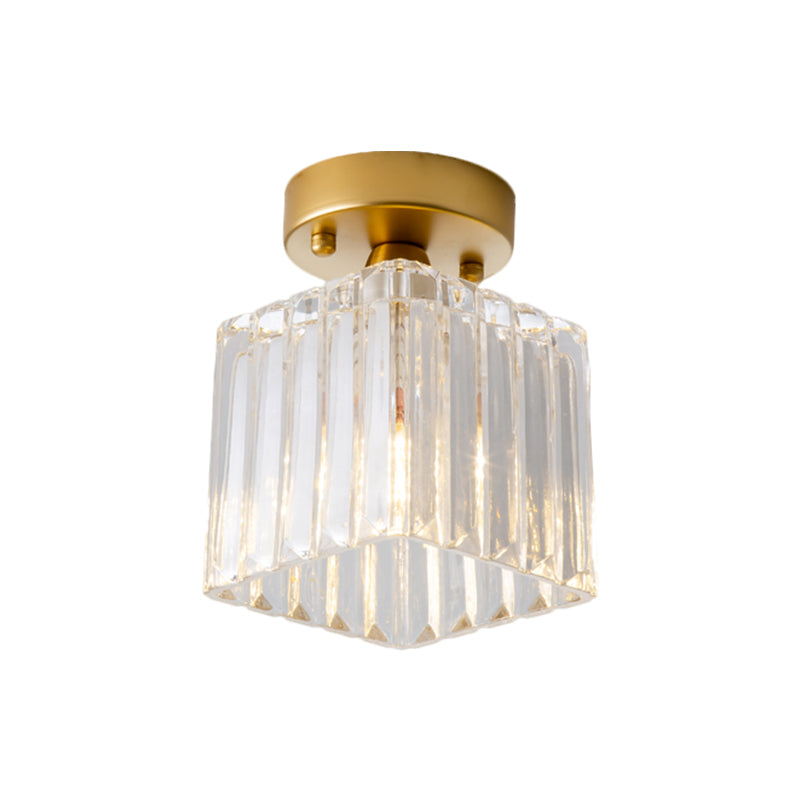 Brass 1 Bulb Flush Mount Lamp Antiqued Clear Fluted Glass Cubic Small Ceiling Fixture