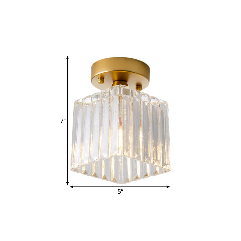 Brass 1 Bulb Flush Mount Lamp Antiqued Clear Fluted Glass Cubic Small Ceiling Fixture