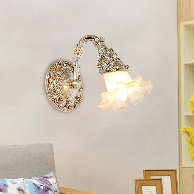 Single Head Wall Sconce Countryside Flower Opal Glass Wall Mount Light with Arched Arm in Silver/White Silver Clearhalo 'Wall Lamps & Sconces' 'Wall Lights' Lighting' 1617077
