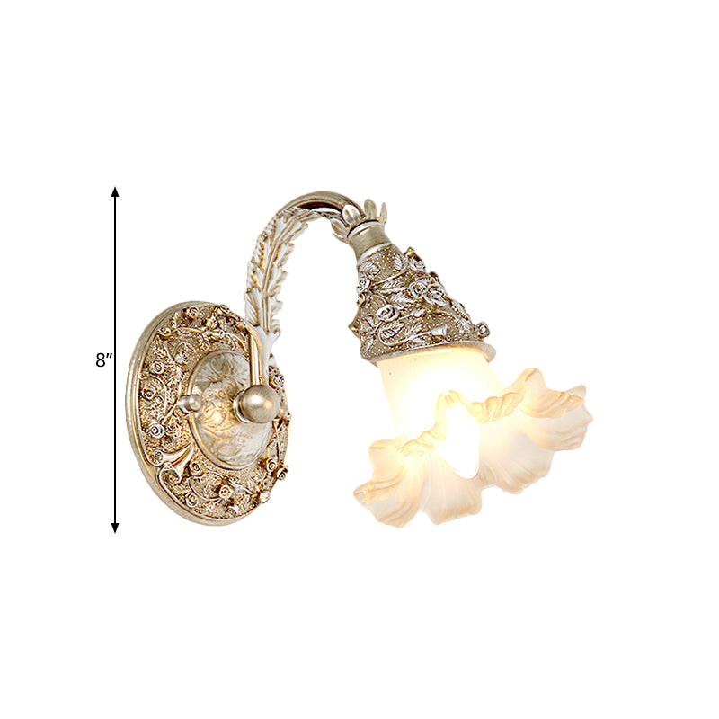 Single Head Wall Sconce Countryside Flower Opal Glass Wall Mount Light with Arched Arm in Silver/White Clearhalo 'Wall Lamps & Sconces' 'Wall Lights' Lighting' 1617080