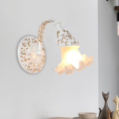 Single Head Wall Sconce Countryside Flower Opal Glass Wall Mount Light with Arched Arm in Silver/White White Clearhalo 'Wall Lamps & Sconces' 'Wall Lights' Lighting' 1617081