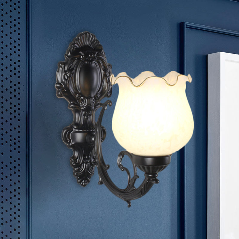 Loft Style Bud Wall Mount Lamp Single Bulb Opaline Glass Wall Lighting Fixture in Black/White/Brass Black Clearhalo 'Wall Lamps & Sconces' 'Wall Lights' Lighting' 1617095