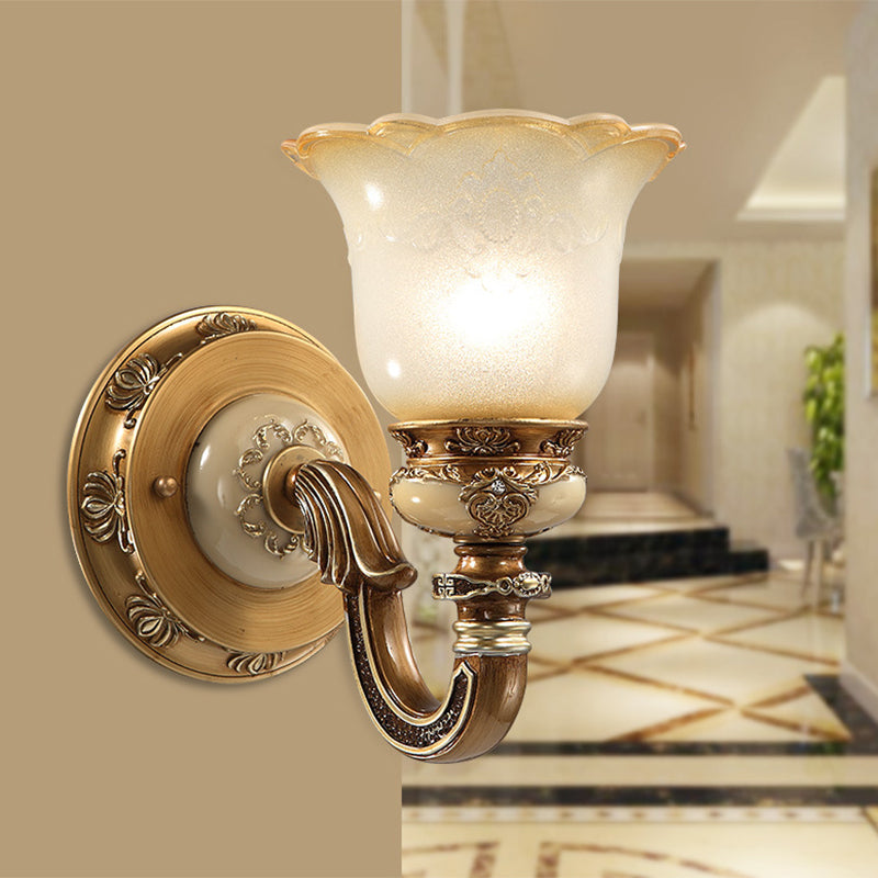 Flower Shape Bedroom Wall Sconce Rustic Milky Glass 1/2-Head Brown Swooping Arm Wall Mounted Light Fixture 1.0 Brown Clearhalo 'Wall Lamps & Sconces' 'Wall Lights' Lighting' 1617105