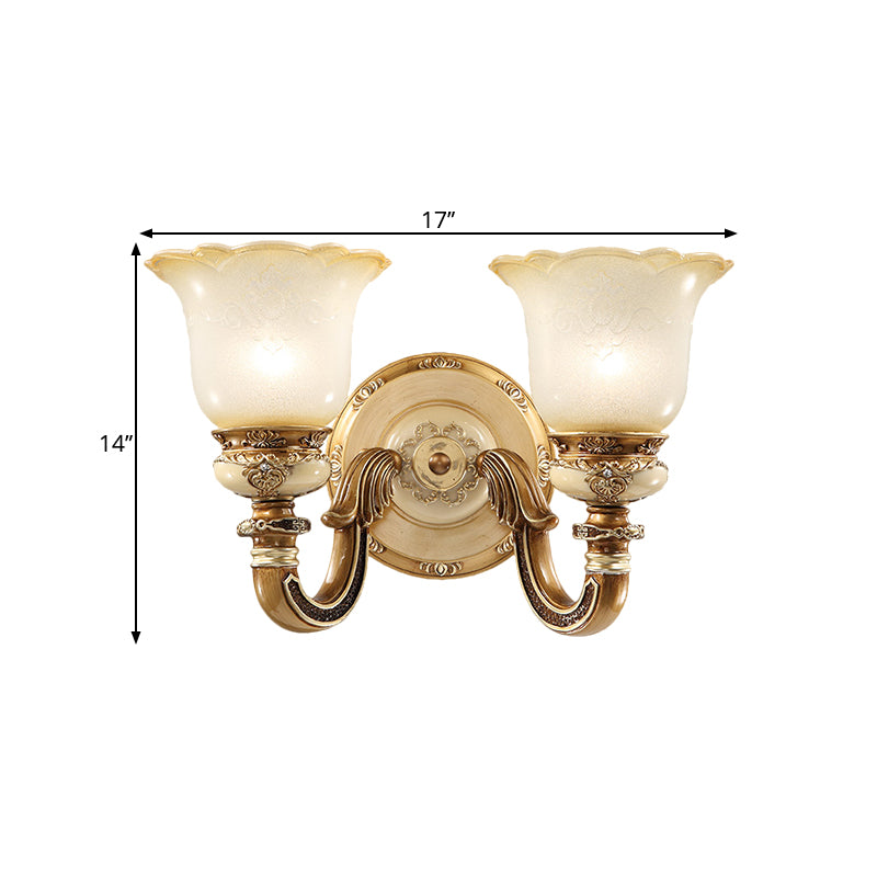 Flower Shape Bedroom Wall Sconce Rustic Milky Glass 1/2-Head Brown Swooping Arm Wall Mounted Light Fixture Clearhalo 'Wall Lamps & Sconces' 'Wall Lights' Lighting' 1617113