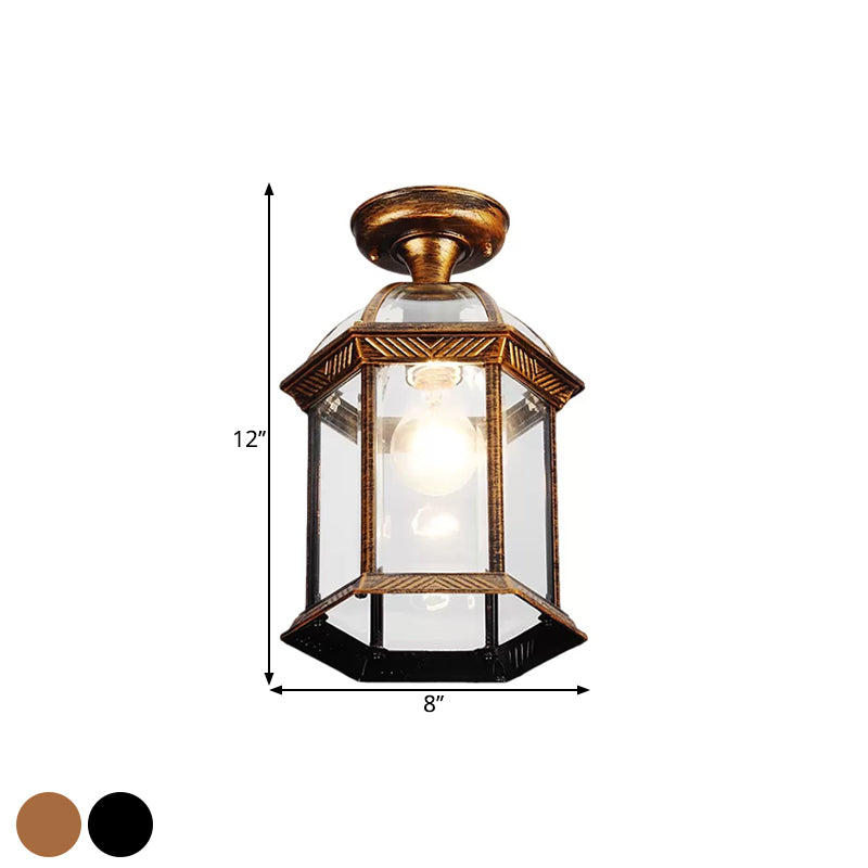 Clear Glass Black/Brass Ceiling Flush Lantern Cage Single Bulb Traditional Semi Mount Lighting, 8"/9.5" Wide - Clearhalo - 'Ceiling Lights' - 'Close To Ceiling Lights' - 'Close to ceiling' - 'Glass shade' - 'Glass' - 'Semi-flushmount' - Lighting' - 1617165
