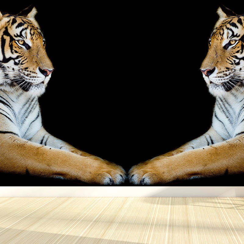 Contemporary Tiger Twins Wall Mural Black Decorative Wall Covering for Living Room Clearhalo 'Wall Decor' 'Wall Mural' 1617199