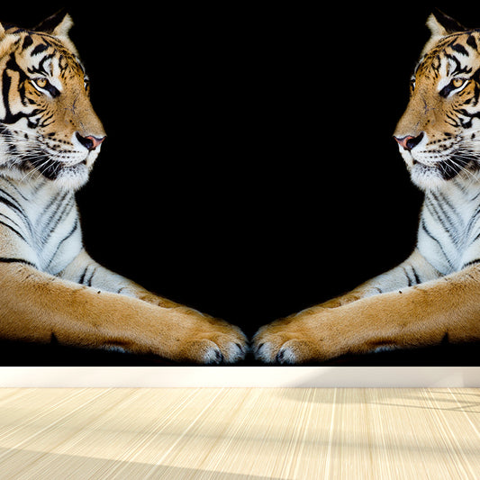 Contemporary Tiger Twins Wall Mural Black Decorative Wall Covering for Living Room Clearhalo 'Wall Decor' 'Wall Mural' 1617199