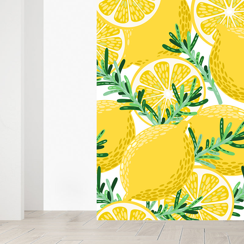 Non-Woven Decorative Wall Mural Modern Lemons and Leaves Wall Covering for Bathroom Lemon Yellow Clearhalo 'Wall Decor' 'Wall Mural' 1617238