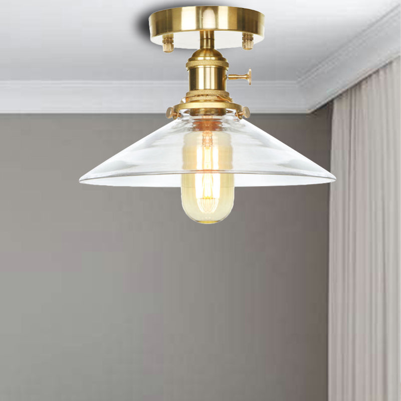1 Light Ceiling Light Fixture with Cone/Saucer/Bell Shade Clear/Amber Glass Industrial Living Room Semi Flush Clear Saucer Clearhalo 'Ceiling Lights' 'Close To Ceiling Lights' 'Close to ceiling' 'Glass shade' 'Glass' 'Pendant Lights' 'Semi-flushmount' Lighting' 161724