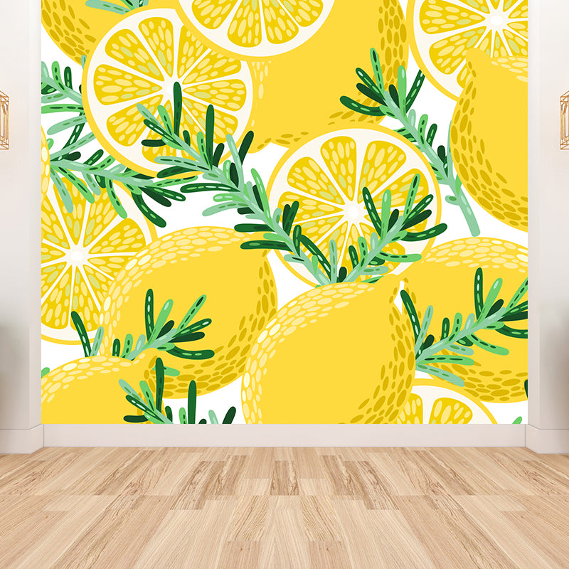 Non-Woven Decorative Wall Mural Modern Lemons and Leaves Wall Covering for Bathroom Clearhalo 'Wall Decor' 'Wall Mural' 1617240