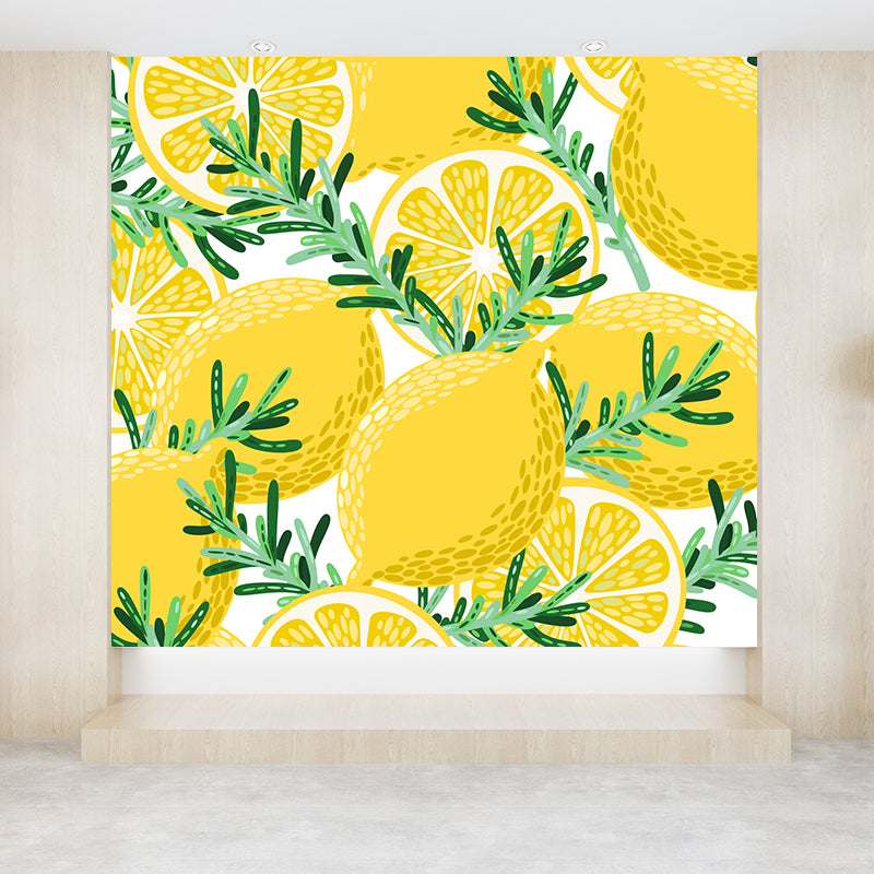 Non-Woven Decorative Wall Mural Modern Lemons and Leaves Wall Covering for Bathroom Clearhalo 'Wall Decor' 'Wall Mural' 1617241