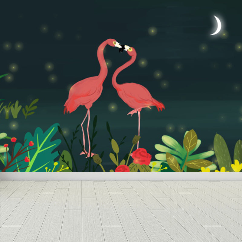 Illustration Style Flamingo Mural Giant Wall Covering for Dining Room, Made to Measure Clearhalo 'Wall Decor' 'Wall Mural' 1617270