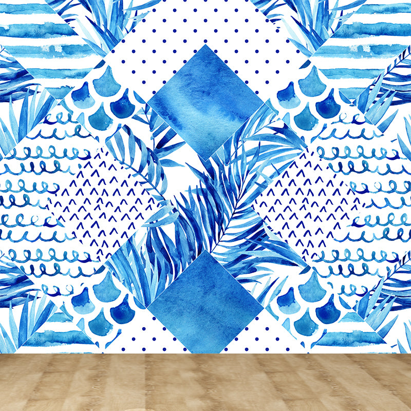 Extra Large Tropical Mural Wallpaper in Blue Leaves Pattern Wall Decor, Custom Printed Blue Clearhalo 'Wall Decor' 'Wall Mural' 1617279