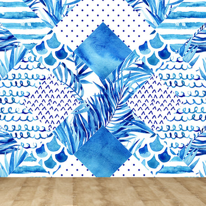 Extra Large Tropical Mural Wallpaper in Blue Leaves Pattern Wall Decor, Custom Printed Blue Clearhalo 'Wall Decor' 'Wall Mural' 1617279
