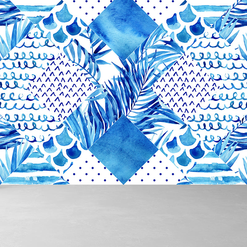 Extra Large Tropical Mural Wallpaper in Blue Leaves Pattern Wall Decor, Custom Printed Clearhalo 'Wall Decor' 'Wall Mural' 1617280