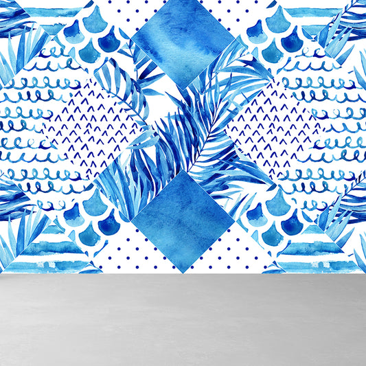 Extra Large Tropical Mural Wallpaper in Blue Leaves Pattern Wall Decor, Custom Printed Clearhalo 'Wall Decor' 'Wall Mural' 1617280